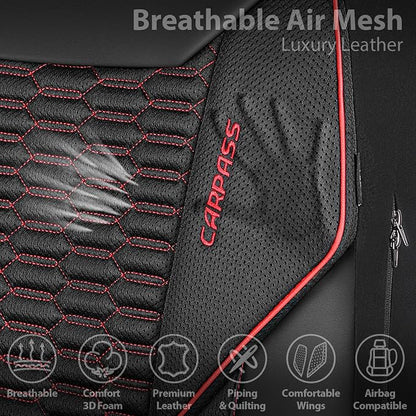 CAR PASS 3D Foam Mesh Leather Car Seat Covers Front Seats, Air Cool Mesh Front Seat Covers for Car, Universal Fit for SUV Truck Sedan Automotive, Armrest Airbag Compatible,Black and Red