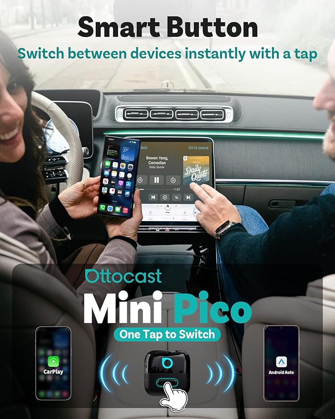OTTOCAST Mini Pico Wireless CarPlay & Android Auto Adapter – WiFi 6 + Bluetooth 5.4, Plug & Play, Fast Auto-Reconnect, Ultra-Compact Design, Works with Factory Wired CarPlay Cars