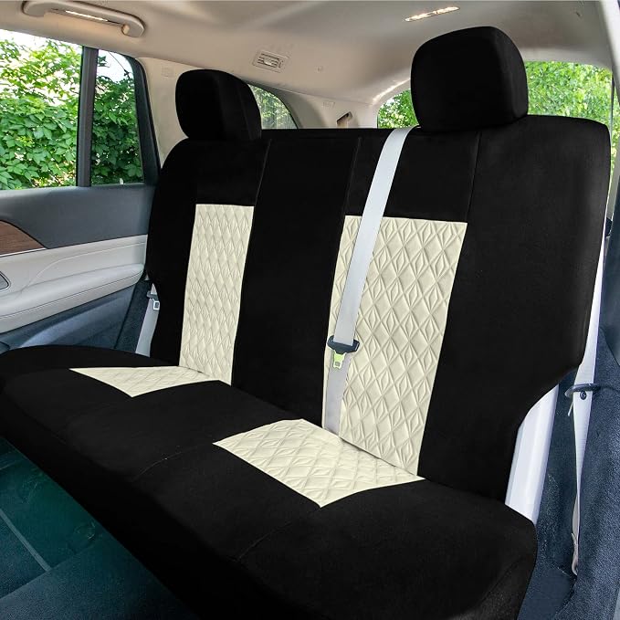Universal Fit Diamond Stitched Flat Cloth Car Seat Covers Full Set - Beige