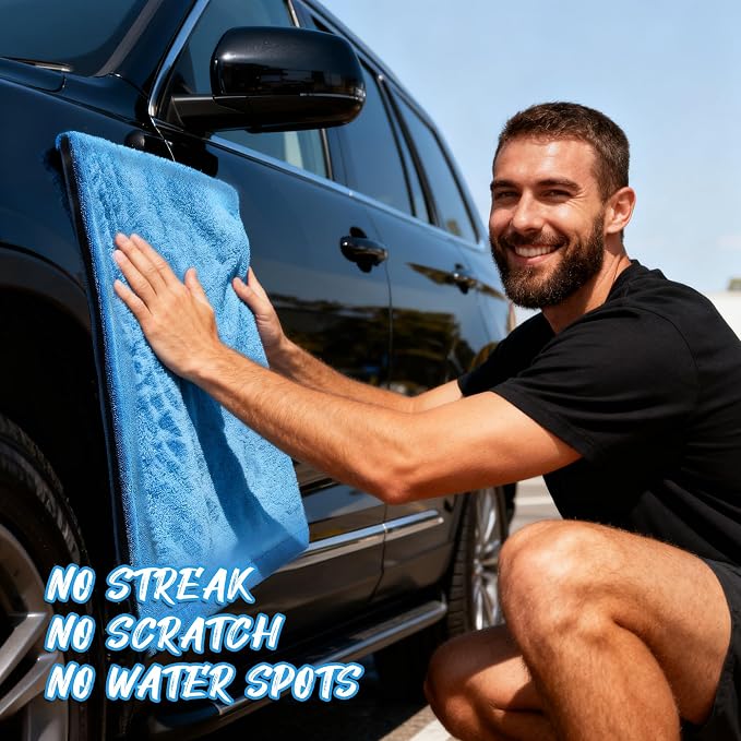 PUGPIU Microfiber Car Drying Towel Extra Large Super Absorbent 48"X24", 1400 GSM Flash Detail Car Wash Drying Towel Edgeless with Two Sided Soft Twisted-Loop, No Water Spots Streaks for Cars (Blue)