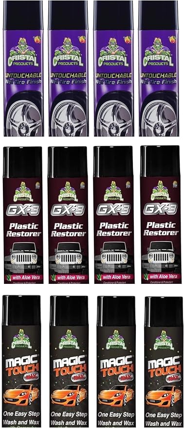Set of 4 GX-3 Plastic Restorer, 4 Magic Touch & 4 Untouchable Wet Tire Shine Cristal Products