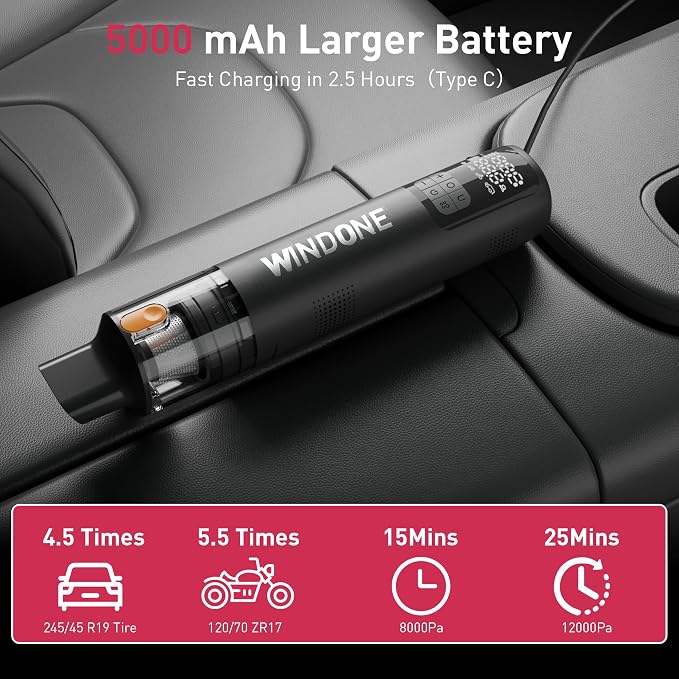 Windone Car Vacuum, 12000Pa 2-in-1 Cleaner & Tire Inflator 150PSI, 60W Brushless Motor, Cordless Handheld Vacuum & Air Pump with Pressure Gauge, LED Light, Multi-Nozzles for Car, Home, Office