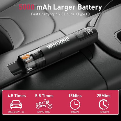 Windone Car Vacuum, 12000Pa 2-in-1 Cleaner & Tire Inflator 150PSI, 60W Brushless Motor, Cordless Handheld Vacuum & Air Pump with Pressure Gauge, LED Light, Multi-Nozzles for Car, Home, Office