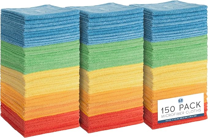 S&T INC. 150 Pack Microfiber Cleaning Cloth, Bulk Towels for Home, Reusable Microfiber Towels for Cars, Cleaning Rags, Assorted, 11.5 Inches x 11.5 Inches, 150 Count