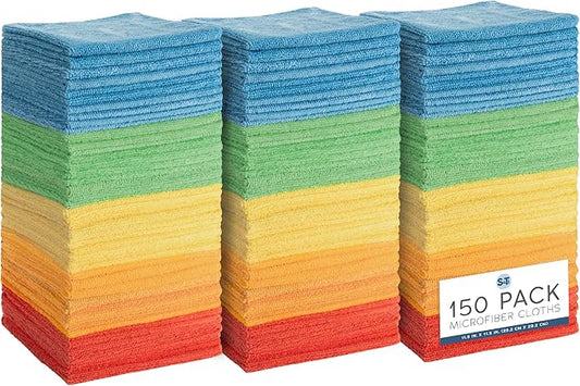 S&T INC. 150 Pack Microfiber Cleaning Cloth, Bulk Towels for Home, Reusable Microfiber Towels for Cars, Cleaning Rags, Assorted, 11.5 Inches x 11.5 Inches, 150 Count