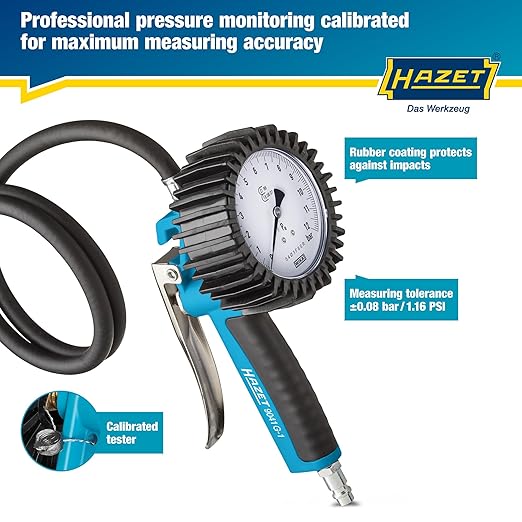 HAZET Tire Pressure Gauge 9041G-1 I Calibrated, Readable, Pressure Gauge Measuring Range: 0-145 Psi, Hose Length: 100cm/39.37 Inches, Pressure Gauge Diameter: 3.15 Inches I Tire Pressure Gauge