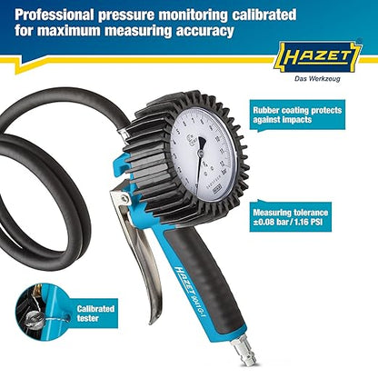 HAZET Tire Pressure Gauge 9041G-1 I Calibrated, Readable, Pressure Gauge Measuring Range: 0-145 Psi, Hose Length: 100cm/39.37 Inches, Pressure Gauge Diameter: 3.15 Inches I Tire Pressure Gauge