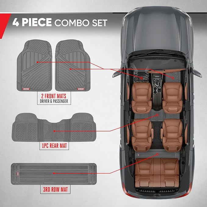 Motor Trend 3-Row Heavy Duty Rubber Floor Mats & Liners for Car SUV Van, Front 2nd & 3rd Row Durable Polymerized Latex Full Interior Protection, Extra-High Ridgeline Design, Gray