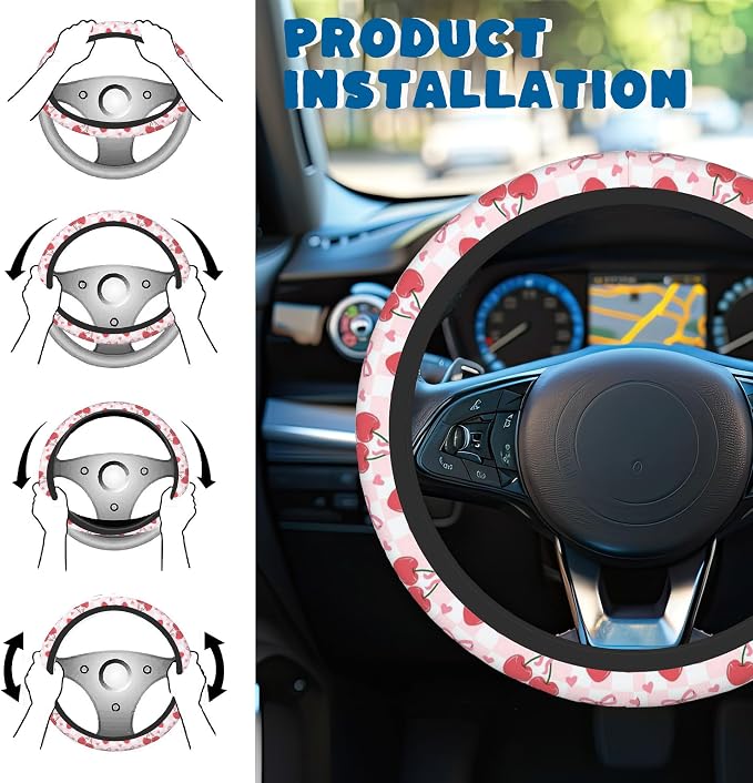 Car Steering Wheel Cover, 14.5"-15" Inch Universal Anti-Slip DurableSteering Wheel Protective Cover, Breathable Auto Interior Decoration Accessories for Sedan SUV Truck (Pink Cherries Bows)
