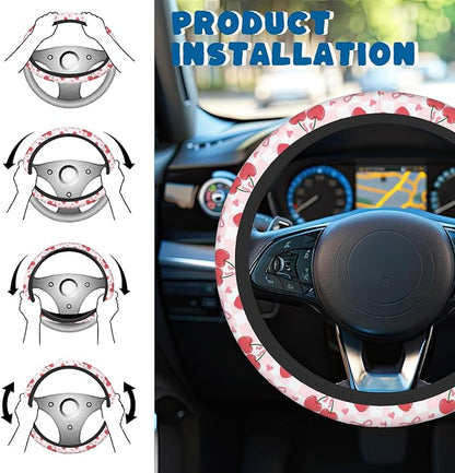 Car Steering Wheel Cover, 14.5"-15" Inch Universal Anti-Slip DurableSteering Wheel Protective Cover, Breathable Auto Interior Decoration Accessories for Sedan SUV Truck (Pink Cherries Bows)