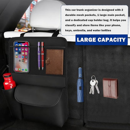 Leather Car Trunk Organizer,Large Capacity Backseat Car Organizer with 2 Mesh Pockets & Cup Holder,Detachable Hanging Cars Organizers and Storage for Family Road Trips