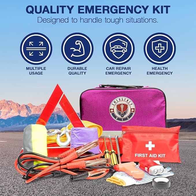 Roadside Assistance Emergency Car Kit - First Aid Kit, Jumper Cables, Tow Strap, led Flash Light, Rain Coat, Tire Pressure Gauge, Safety Vest and More Ideal Winter Accessory for Your Car (Pink)