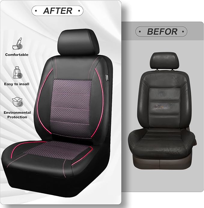 CAR PASS Piping PU Leather Car Seat Cover Full Set,Inside Zipper Design and Reserved Opening Holes，Airbag Compatible,Universal FIT for Car, SUVs,Van,Trucks（Full Set, Black & Pink）