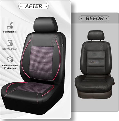 CAR PASS Piping PU Leather Car Seat Cover Full Set,Inside Zipper Design and Reserved Opening Holes，Airbag Compatible,Universal FIT for Car, SUVs,Van,Trucks（Full Set, Black & Pink）