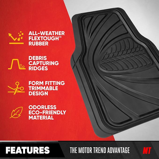 Motor Trend FlexTough Guard All-Weather Floor Mats for Cars – Black Waterproof Rubber Floor Mats, Universal Trim-to-Fit Automotive Accessories for Cars, Trucks & SUV