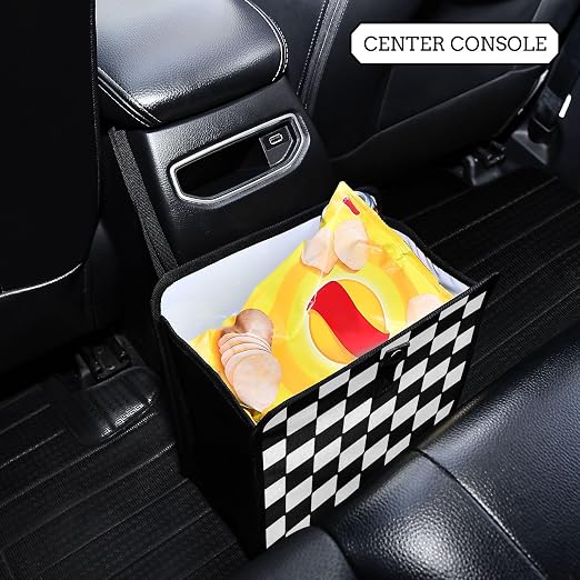 Car Trash Can Car Organizer Car Garbage Can with Adjustable Strap for Back Front Seat Console Waterproof Leakproof Collapsible Portable 8.66 Inch Checkerboard