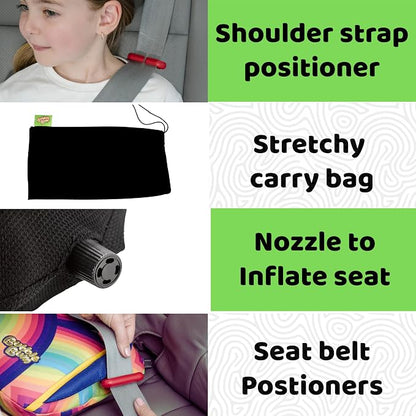 BubbleBum Backless Booster Car Seat – Inflatable, Portable Travel Booster for Kids 40–100 lbs, Ages 4–11, Fits 3 Across, Rideshare & Carpool, FMVSS 213 Certified – Rainbow