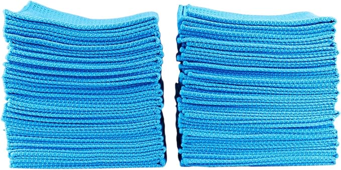 Tommy Blue Waffle Weave Microfiber Towels 16"x16" 340 GSM 120 Count | Streak-Free Glass, Super Absorbent, Lint-Free, Professional Car Detailing