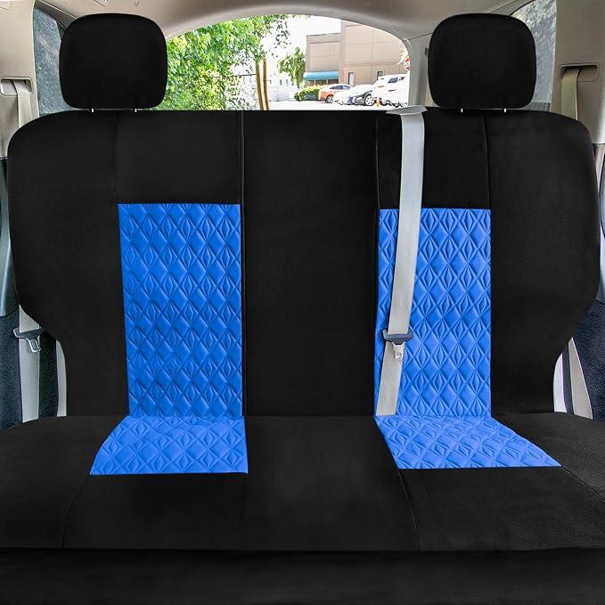 Universal Fit Diamond Stitched Flat Cloth Car Seat Covers Full Set - Blue
