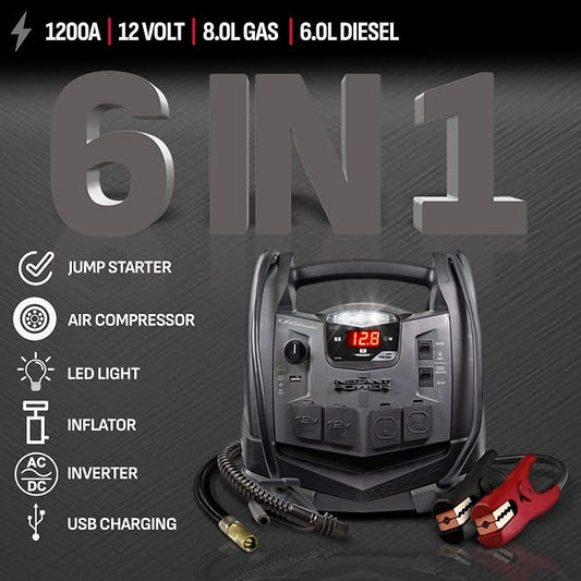 Schumacher Electric 1200A Car Battery Jump Starter and Portable Power Station, 6-in-1 Solution for 12V Batteries, 150-PSI Air Compressor, 200 Continuous/400 Peak Watt Inverter, SJ1332