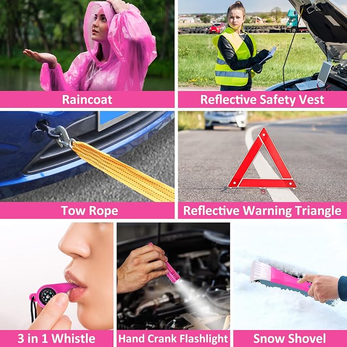 Car Emergency Kit with Portable Air Compressor - Roadside Emergency Kit for Vehicles, Winter Car Safety Roadside Assist Kit, Emergency Car Kit for Teen Girl and Ladies M-75