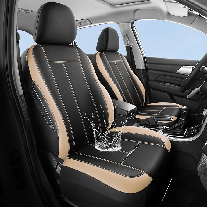 HChengkikz Car Seat Covers Front Seat, Waterproof Neoprene Seat Covers, Car Seat Cover Airbag Compatible, Universal Automotive Comfort for Most Cars, Trucks, SUVs (Black + Beige)