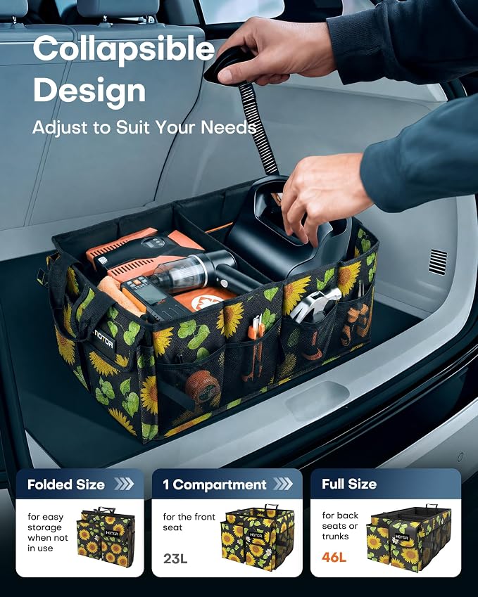 HOTOR Trunk Organizer - Car Organizer, Foldable Trunk organizer for SUVs & Sedans, Sturdy Car Organization for Car Accessories, Tools, Sundries, Sunflower, 2 Compartments, 21.3"×12.6"×10.6"