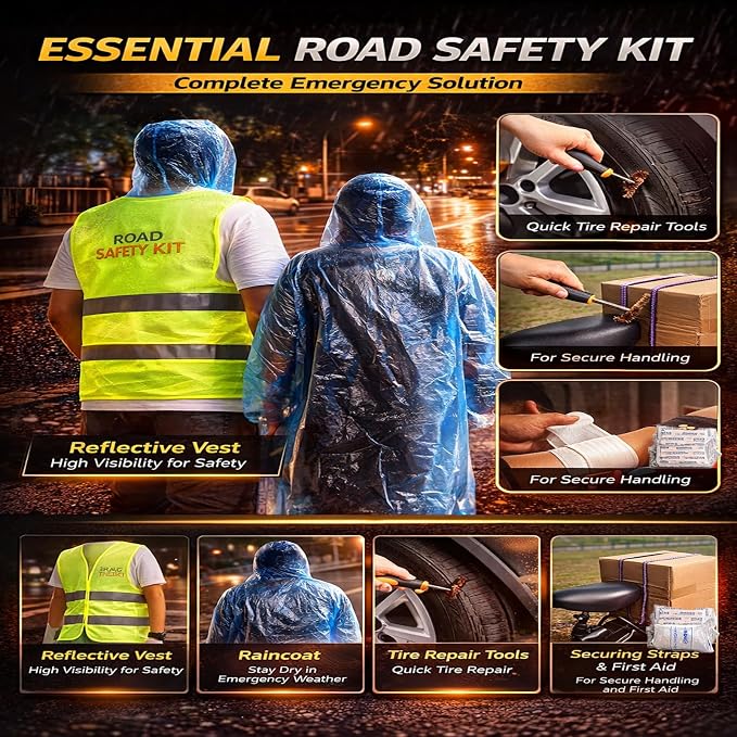 Car Emergency Kit, Emergency Roadside Car Safety Kit with10FT Jumper Cable, Tow Strap, Safety Hammer