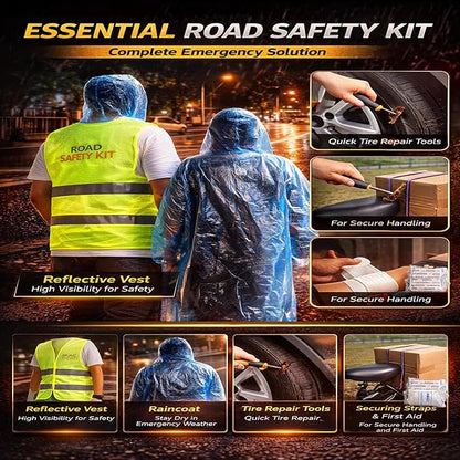 Car Emergency Kit, Emergency Roadside Car Safety Kit with10FT Jumper Cable, Tow Strap, Safety Hammer