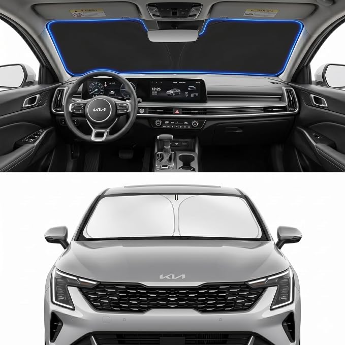 Custom Fit Windshield Sun Shade for Kia K4 2025-2026 | Custom Fit Windshield Cover, Blocks UV Rays, Double-Layer Heat Shield, Durable Frame, Easy Fold & Storage