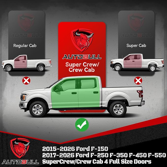 Running Boards Side Steps Compatible with 2015-2026 Ford F150 F 150, 2017-2026 Ford F250 F350 Super Duty SuperCrew/Crew Cab 4 Full Size Doors, Black Textured Aluminum Nerf Bars