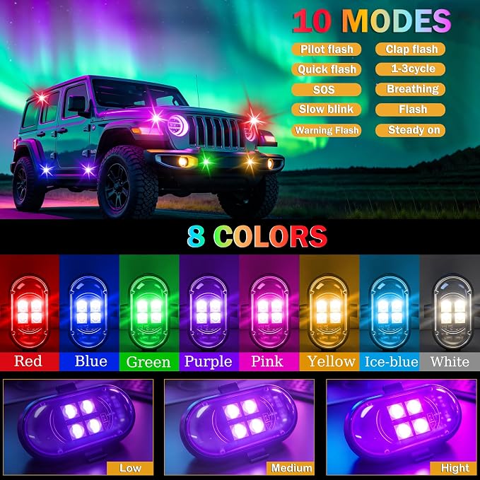 Wireless LED Lights for Car 10 Pack Remote Strobe Warning Waterproof | USB C charging, adjustable 8 colors & 10 strobe flash modes, anti-collision, fits car, truck, motorcycle, bike, drone