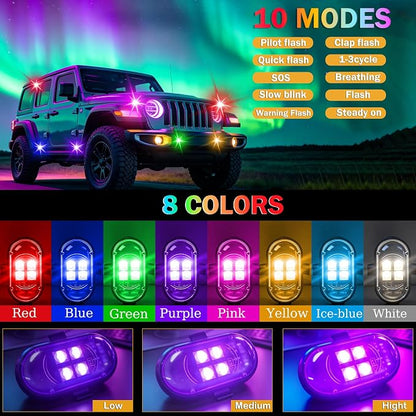 Wireless LED Lights for Car 10 Pack Remote Strobe Warning Waterproof | USB C charging, adjustable 8 colors & 10 strobe flash modes, anti-collision, fits car, truck, motorcycle, bike, drone