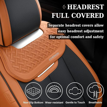 Coverado Car Seat Covers Full Set, Breathable Nappa Leather Seat Covers for Cars, Automotive Seat Covers, Waterproof Front and Back Car Seat Protector Universal Fit Most Cars(Brown&Black)