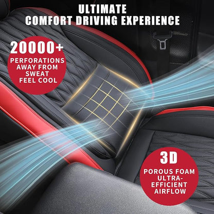 Car Seat Covers , Luxury Breathable Waterproof Faux Leatherette Car Seat Covers Cushion Protectors with Lumbar Support, Car Seat Cushion, Universal Fit Most Cars (Black-Red, Full Set - 5 Seats)
