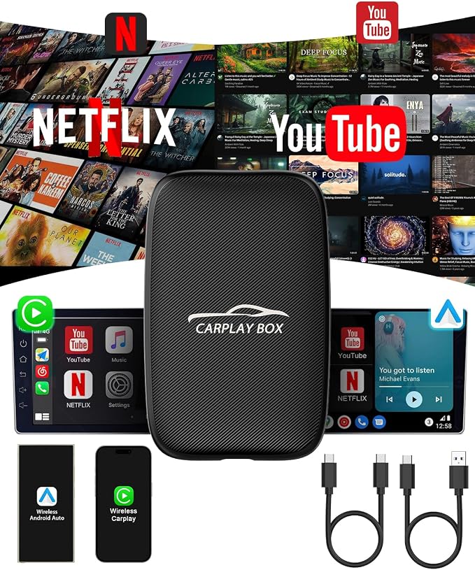5-in-1 Android Auto Wireless Adapter and Apple CarPlay Adapter, Wireless Carplay Adapter with Netflix YouTube TF Card, Plug & Play, Easy Setup, Magic Video Ai Box for OEM Wired Apple Car Play Cars