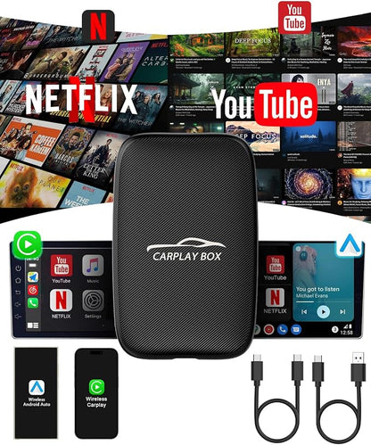 5-in-1 Android Auto Wireless Adapter and Apple CarPlay Adapter, Wireless Carplay Adapter with Netflix YouTube TF Card, Plug & Play, Easy Setup, Magic Video Ai Box for OEM Wired Apple Car Play Cars