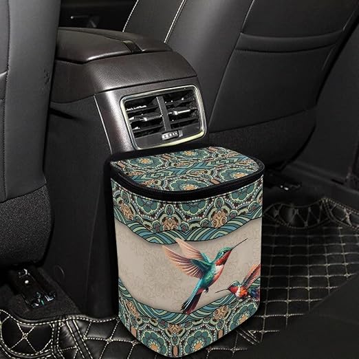 Talayituse Boho Mandala Hummingbird Print Car Trash Can, Portable Auto Garbage Bin Multifunctional Vehicle Interior Accessories with Adjustable Straps Universal Fit Truck SUV Sedan