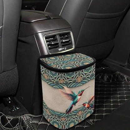 Talayituse Boho Mandala Hummingbird Print Car Trash Can, Portable Auto Garbage Bin Multifunctional Vehicle Interior Accessories with Adjustable Straps Universal Fit Truck SUV Sedan