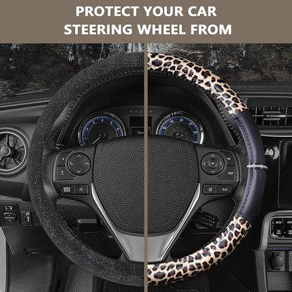 AUTOYOUTH Leopard Steering Wheel Cover - Bling Crystal Rhinestones Cheetah Print on Leather Non-Slip Breathable Design for Women/Girls Universal Fit 14.5-15 Inch(Black & Yellow)