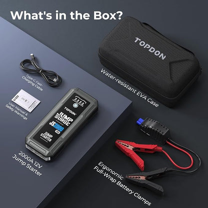 Car Battery Jump Starter, TOPDON 2000A Peak Jump Starter for Up to 8L Gas/6L Diesel Engines, 12V Portable Battery Booster Jump Starter Pack with Jumper Cables and EVA Protection Case