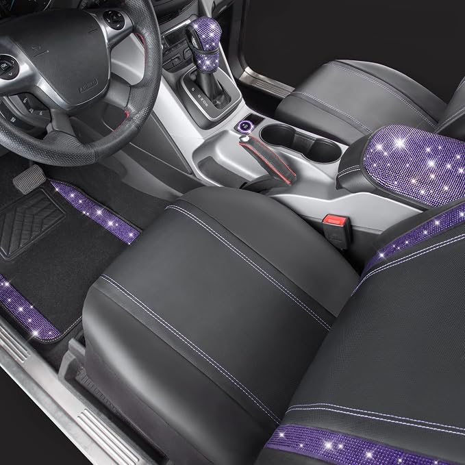 CAR PASS Bling Rhinestone Diamonds Car Seat Covers Leather Shining Rhinestone Car Floor mats Carpet with Anti-Slip Nibs Sparkly Car Accessories Sets Women Glitter Crystal Combo Set Violet Purple