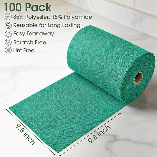 Microfiber Cleaning Cloth Roll–100 Pack, Tear Away Microfiber Towels, Reusable, Washable, Scratch-Free, Kitchen Towels for Car, Home, Kitchen, Glass, Dishes (Malachite Green)