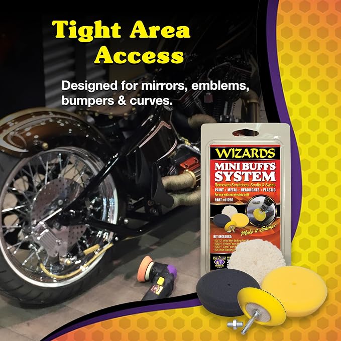 Wizards Mini Buffing System - Cuts, Polishes, Applies Wax and Removes Swirls - for All Paints and Hard Surfaces - Comes with 1/4 Shank Drill Adaptor - Auto Detailing Supplies for Beginners