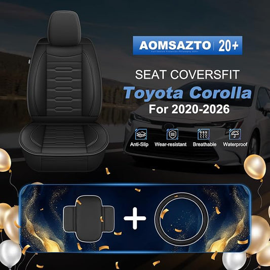 AOMSAZTO Corolla Front Car Seat Covers Custom Fit for Toyota Corolla 2020 2021 2022 2023 2024 2025 2026 LE/SE/XSE/L/FX/XLE Faux Leather Seat Covers with Interior Accessories(2 Seats,Black)