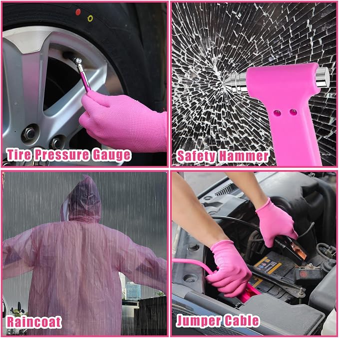 Car Emergency Kit, Pink Roadside Emergency Car Kit with Jumper Cables, Tow Rope, Safety Hammer, Pink Car Accessories for Women
