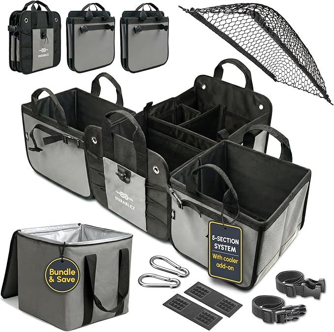 Modular 5-Section Trunk Organizer XL – Car Storage for Groceries, Tools, Sports Gear, Emergency Kits – Extra Large Multi-Module Cargo Box, Foldable, Detachable, Heavy Duty Design – Gray