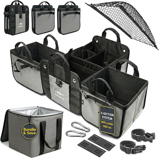 Modular 5-Section Trunk Organizer XL – Car Storage for Groceries, Tools, Sports Gear, Emergency Kits – Extra Large Multi-Module Cargo Box, Foldable, Detachable, Heavy Duty Design – Gray