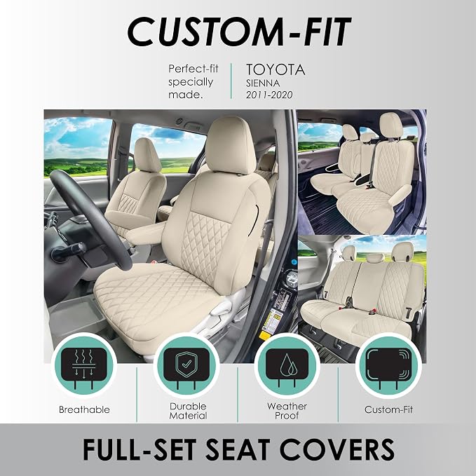 FH Group Custom Fit Car Seat Covers Specifically Made for Toyota Sienna 2011-2020, Car Seat Cover Full Set, 8 Seater Automotive Seat Covers in Solid Beige Neoprene, Waterproof and Washable Seat Covers