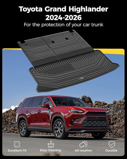 3W Cargo Liner Fit 2024 2025 2026 Toyota Grand Highlander 7 Seat with Subwoofer(Include Hybrid), Trunk Mat and Seat Back Covers TPE All Weather(Not for Hybrid MAX Model)